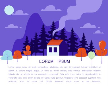 Güzel ev, ağaçlar, doğa manzara, köy kırsal scener modern düz tasarım vektör çizim ile hill tarafından evlerin satır