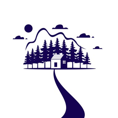 Kır evi veya emlak ajansı veya ekoloji ev kavramı mavi ev simgesini. Çiftlik yeşil orman veya woodlands park için şirket tasarlanması peyzaj vektör izole sembolü