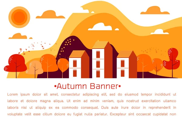 Banner Autumn Landscape Mountains Trees Fall Leaves Village Vector Illustration — Stock Vector