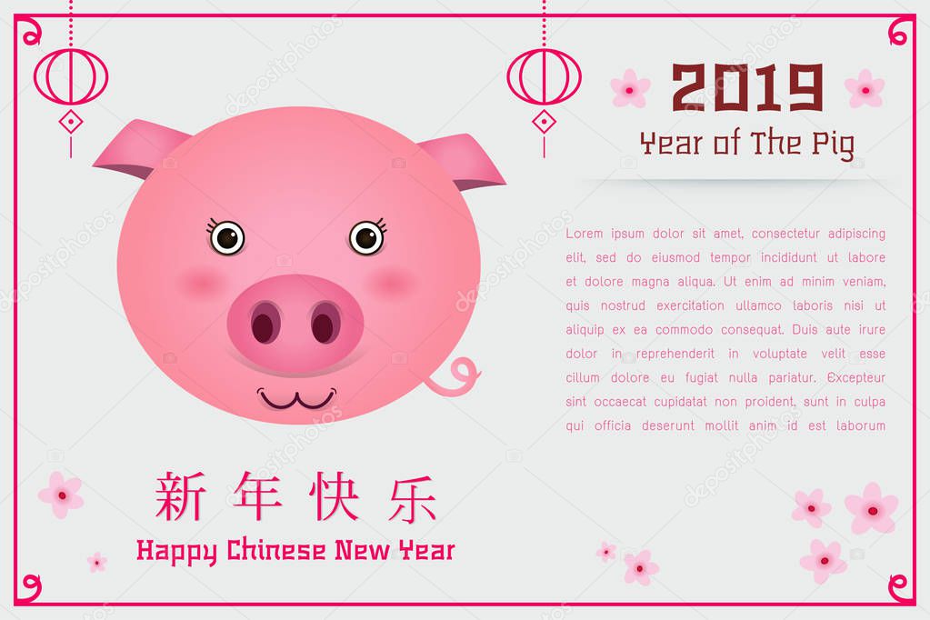 Happy Chinese New Year 2019 year of the pig cartoon style. Chinese characters mean Happy New Year, wealthy, Zodiac sign for greetings card, flyers, invitation, posters, brochure, banners, calendar.