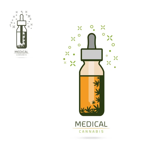 Kenevir yağı ile cam şişe kümesi. Kenevir yağı özler kavanoz kadar alay. Tıbbi marihuana logo simge şablon etiketi üzerinde. Vektör çizim