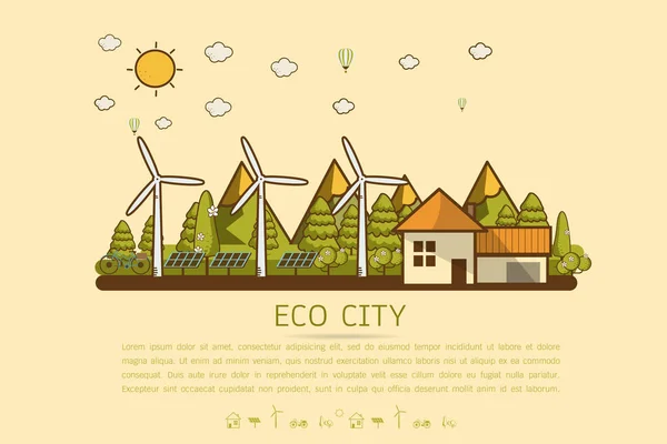 与风力涡轮机 自行车 太阳能电池 房子和树木的生态住宅的矢量例证 拯救地球日的背景 自然保护与污染概念 — 图库矢量图片