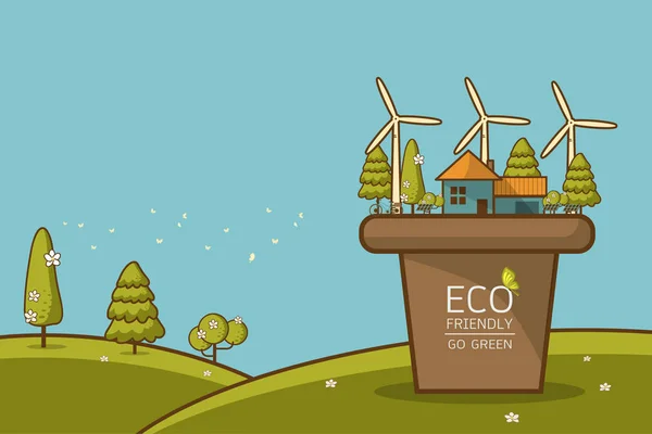 与风力涡轮机 自行车 太阳能电池 房子和树木的生态住宅的矢量例证 拯救地球日的背景 自然保护与污染概念 — 图库矢量图片