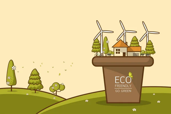 Ilustracja Wektorowa Eco Domu Turbiny Wiatrowej Rower Ogniw Słonecznych Dom — Wektor stockowy