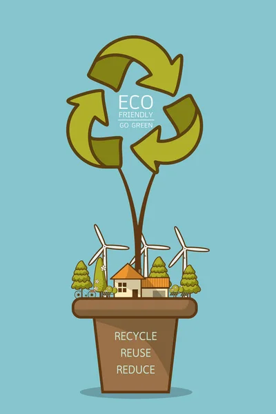 Ilustración Vectorial Eco Hogar Con Turbina Eólica Bicicleta Célula Solar — Archivo Imágenes Vectoriales