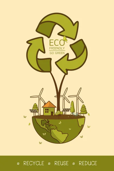 Vectorillustratie Van Eco Huis Met Windturbine Fiets Zonnecel Huis Bomen — Stockvector