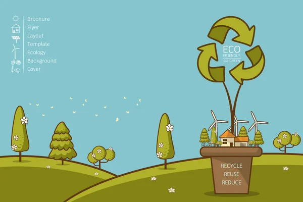 生态家园的矢量例证与风力涡轮机 自行车 太阳能电池 房子和树木 背景为保存地球天 生态循环标志 自然保护和污染理念 — 图库矢量图片