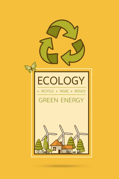 生态家园的向量例证与风力涡轮机 自行车 太阳能电池和树木 背景为保存地球天 生态循环标志 自然保护和污染理念 — 图库矢量图片