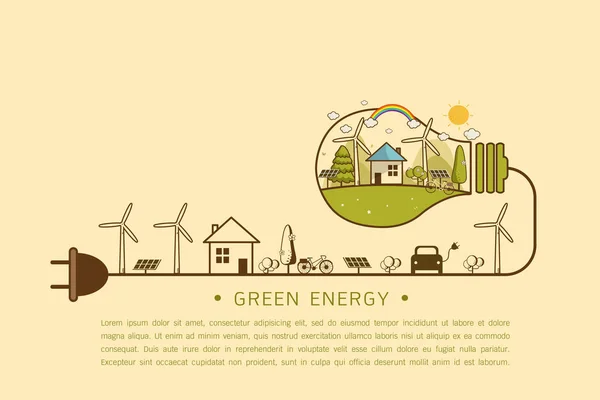 Ilustración Vectorial Eco Home Con Turbina Eólica Bicicleta Célula Solar — Vector de stock