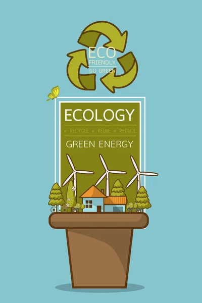 Vektorové Ilustrace Eco Domů Větrnou Turbínu Kola Solárních Článků Stromy — Stockový vektor