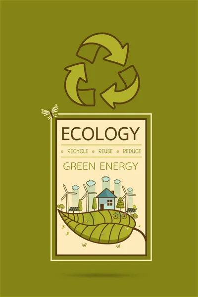 Ilustracja Wektorowa Eco Domu Turbiny Wiatrowej Rower Ogniw Słonecznych Drzew — Wektor stockowy