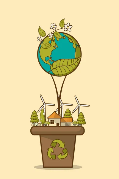 生态家园的向量例证与风力涡轮机 自行车 太阳能电池和树木 背景为保存地球天 生态循环标志 自然保护和污染理念 — 图库矢量图片