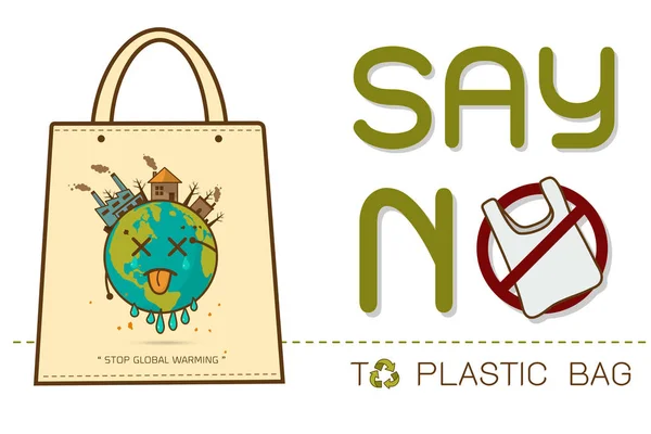 生态织物布袋手提包与文本说不塑料袋海报 一次性玻璃纸和聚乙烯包装禁止标志 污染问题概念向量例证 — 图库矢量图片