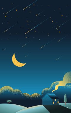 Güzel kabin kulübe gece sahnede tepelerde güzel dikey doğa manzara yıldız kuyruklu yıldız ve gökyüzü arka plan vektör doku stili çizim aya