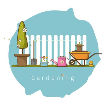 Bahçe veya tarım kavramı. Bahçe aletleri. Yaz bahçesi ile banner manzara sevimli çizgi düz stil vektör çizim