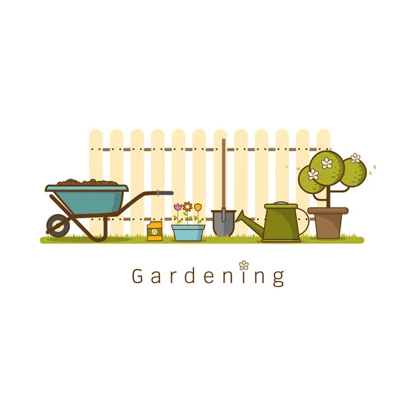 Concetto Giardinaggio Agricoltura Attrezzi Giardino Banner Con Paesaggio Giardino Estivo — Vettoriale Stock