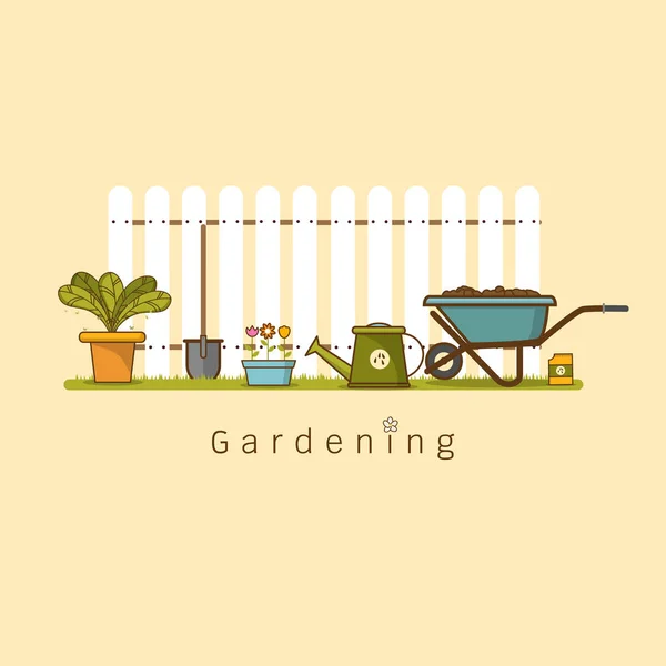 Concepto Jardinería Agricultura Herramientas Jardín Banner Con Jardín Verano Paisaje — Vector de stock