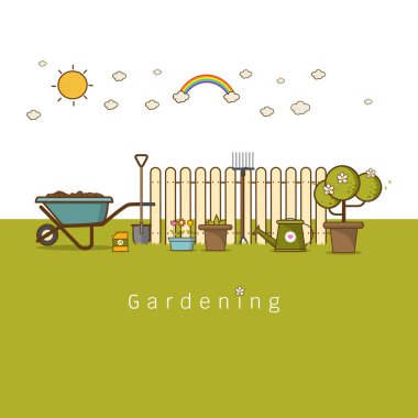 Bahçe veya tarım kavramı. Bahçe aletleri. Yaz bahçesi ile banner manzara sevimli çizgi düz stil vektör çizim