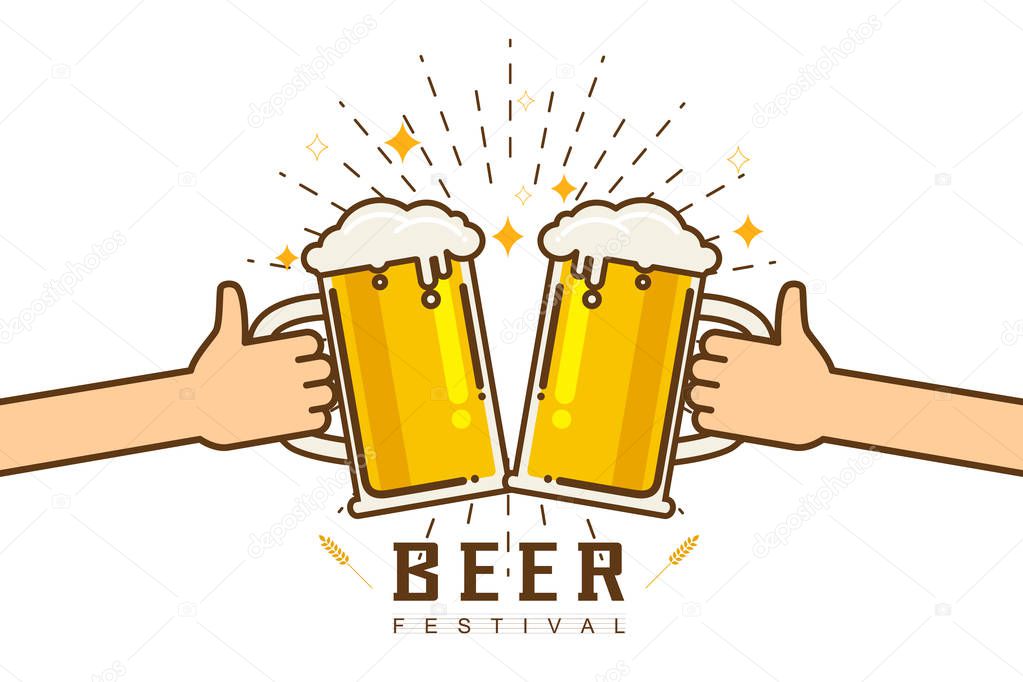 Cute cartoon Flat isolated vector illustration of drinking beers. Two hands holding and clicking with glass and mug beer, cheers. Party celebration in a pub on white background Vector illustration