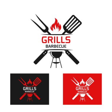 Barbekü için logo tasarım şablonu, barbekü, ızgara restoran simgesi beyaz arkaplan vektör illüstrasyonunda izole