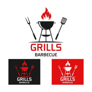 Barbekü için logo tasarım şablonu, barbekü, ızgara restoran simgesi beyaz arkaplan vektör illüstrasyonunda izole