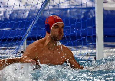 Budapeşte, Macaristan - 20 Temmuz 2017: Tempesti Stefano, İtalya takımının kalecisi. Fina Waterpolo Dünya Şampiyonası 2017 yılında Alfred Hajos yüzme merkezinde düzenlendi.