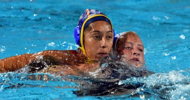 Budapest, Macaristan - 20 Temmuz 2017: Ön eleme İspanyol ekibi, Ortiz Reyes Matilde (Esp) oyuncu. Fina Waterpolo Dünya Şampiyonası 2017 yılında Alfred Hajos yüzme merkezinde düzenlendi.