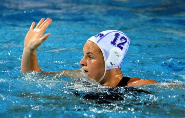 Budapeşte, Macaristan - 20 Temmuz 2017: Beyaz Kelsey (Rsa) ön eleme içinde Güney Afrika takımının kaptanı. Fina Waterpolo Dünya Şampiyonası 2017 yılında Alfred Hajos yüzme merkezinde düzenlendi.