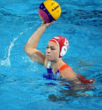 Budapest, Macaristan - 20 Temmuz 2017: Ön eleme, Willemsz Debby (Ned) kaleci. Fina Waterpolo Dünya Şampiyonası 2017 yılında Alfred Hajos yüzme merkezinde düzenlendi.