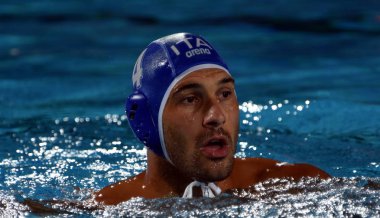 Budapeşte, Macaristan - 20 Temmuz 2017: Figlioli Pietro, İtalya takımının oyuncusu. Fina Waterpolo Dünya Şampiyonası 2017 yılında Alfred Hajos yüzme merkezinde düzenlendi.