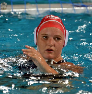 Budapest, Macaristan - 20 Temmuz 2017: Güney Afrika takımı ilk turda, Nixon Lauren (Rsa) kaleci. Fina Waterpolo Dünya Şampiyonası 2017 yılında Alfred Hajos yüzme merkezinde düzenlendi.