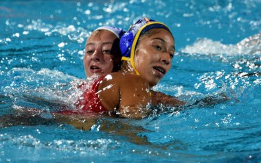 Budapest, Macaristan - 20 Temmuz 2017: Ön eleme İspanyol ekibi, Ortiz Reyes Matilde (Esp) oyuncu. Fina Waterpolo Dünya Şampiyonası 2017 yılında Alfred Hajos yüzme merkezinde düzenlendi.