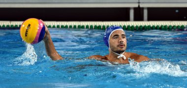 Budapeşte, Macaristan - 20 Temmuz 2017: di Fulvio Francesco, İtalya takımının oyuncusu. Fina Waterpolo Dünya Şampiyonası 2017 yılında Alfred Hajos yüzme merkezinde düzenlendi.