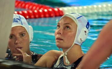 Budapest, Macaristan - 20 Temmuz 2017: Güney Afrika takımı ilk turda, Hallendorff Amica (Rsa) oyuncu. Fina Waterpolo Dünya Şampiyonası 2017 yılında Alfred Hajos yüzme merkezinde düzenlendi.