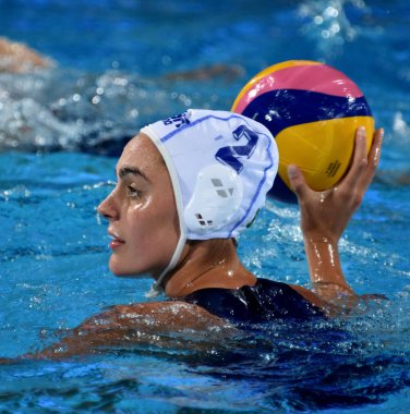 Budapest, Macaristan - 20 Temmuz 2017: Güney Afrika takımı ilk turda, Penney Amber (Rsa) oyuncu. Fina Waterpolo Dünya Şampiyonası 2017 yılında Alfred Hajos yüzme merkezinde düzenlendi.