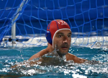 Budapeşte, Macaristan - 20 Temmuz 2017: Tempesti Stefano, İtalya takımının kalecisi. Fina Waterpolo Dünya Şampiyonası 2017 yılında Alfred Hajos yüzme merkezinde düzenlendi.