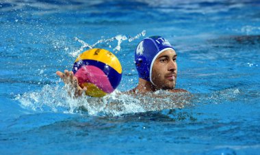 Budapeşte, Macaristan - 20 Temmuz 2017: Figlioli Pietro, İtalya takımının oyuncusu. Fina Waterpolo Dünya Şampiyonası 2017 yılında Alfred Hajos yüzme merkezinde düzenlendi.