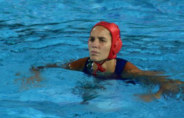 Budapest, Macaristan - 20 Temmuz 2017: Ön eleme, Gangl Edina (Hun) kaleci. Fina Waterpolo Dünya Şampiyonası 2017 yılında Alfred Hajos yüzme merkezinde düzenlendi.
