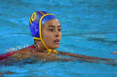 Budapest, Macaristan - 20 Temmuz 2017: Ön eleme İspanyol ekibi, Crespi Barriga Paula (Esp) oyuncu. Fina Waterpolo Dünya Şampiyonası 2017 yılında Alfred Hajos yüzme merkezinde düzenlendi.