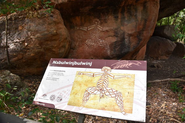 NOURLANGIE, AUSTRALIA - JUN 15, 2018: Aboriginal Art on the rocks. Nourlangie  Kakadu National Park in the Northern Territory Australia known for Aboriginal rock art.
