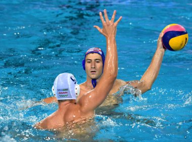 Budapeşte, Macaristan - 29 Temmuz 2017. Jokovic Maro (Cro) finalde Macaristan karşı oynamak. Fina Waterpolo Dünya Şampiyonası 2017 yılında Alfred Hajos yüzme merkezinde düzenlendi.
