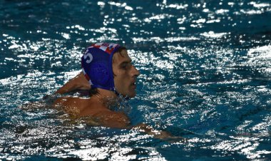 Budapeşte, Macaristan - 29 Temmuz 2017. Jokovic Maro (Cro) finalde Macaristan karşı oynamak. Fina Waterpolo Dünya Şampiyonası 2017 yılında Alfred Hajos yüzme merkezinde düzenlendi.