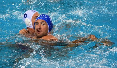 Budapeşte, Macaristan - 25 Temmuz 2017. Sergey Rus imalatı Lisunov (11) Rus waterpolo oyuncu, takım kaptanı. Fina Waterpolo Dünya Şampiyonası 2017 yılında Alfred Hajos yüzme merkezinde düzenlendi.