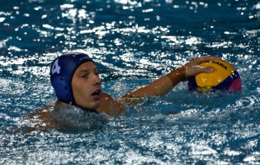 Budapeşte, Macaristan - 27 Temmuz 2017. Zalanki Gergo (4) Macar waterpolo oyuncu yarı final. Fina Waterpolo Dünya Şampiyonası 2017 yılında Alfred Hajos yüzme merkezinde düzenlendi.
