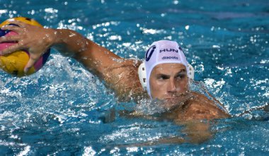 Budapeşte, Macaristan - 29 Temmuz 2017. Marcz Tamas baş koç ve Macar erkek su takımı (Zalanki Gergo 4, Decker Adam 7) ara ile. Fina Waterpolo Dünya Şampiyonası, Final, Hun-Cro.