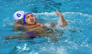 Budapeşte, Macaristan - 29 Temmuz 2017. Manhercz Çaça55 (3) Macar waterpolo oyuncu son. Fina Waterpolo Dünya Şampiyonası 2017 yılında Alfred Hajos yüzme merkezinde düzenlendi.