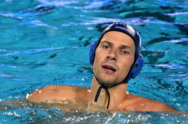 Budapeşte, Macaristan - 27 Temmuz 2017. Varga Denes (10) Macar waterpolo oyuncu yarı final. Fina Waterpolo Dünya Şampiyonası 2017 yılında Alfred Hajos yüzme merkezinde düzenlendi.