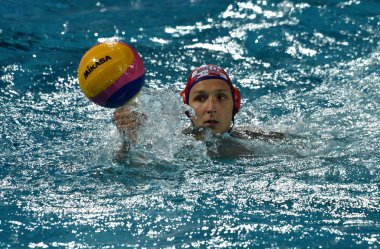 Budapeşte, Macaristan - 27 Temmuz 2017. Hırvatistan waterpolo takımı Bijac Marko (1) kaleci. Fina Waterpolo Dünya Şampiyonası, yarı final.