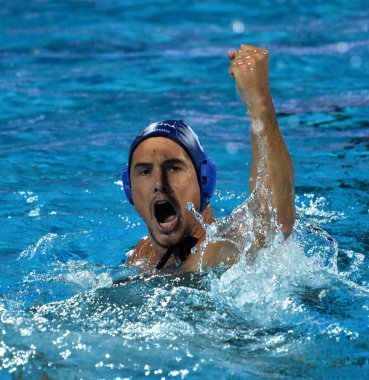 Budapeşte, Macaristan - 27 Temmuz 2017. Yarı final Hosnyanszky Norbert (6) Macar waterpolo oyuncu. Fina Waterpolo Dünya Şampiyonası 2017 yılında Alfred Hajos yüzme merkezinde düzenlendi.