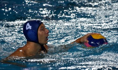 Budapeşte, Macaristan - 27 Temmuz 2017. Zalanki Gergo (4) Macar waterpolo oyuncu yarı final. Fina Waterpolo Dünya Şampiyonası 2017 yılında Alfred Hajos yüzme merkezinde düzenlendi.